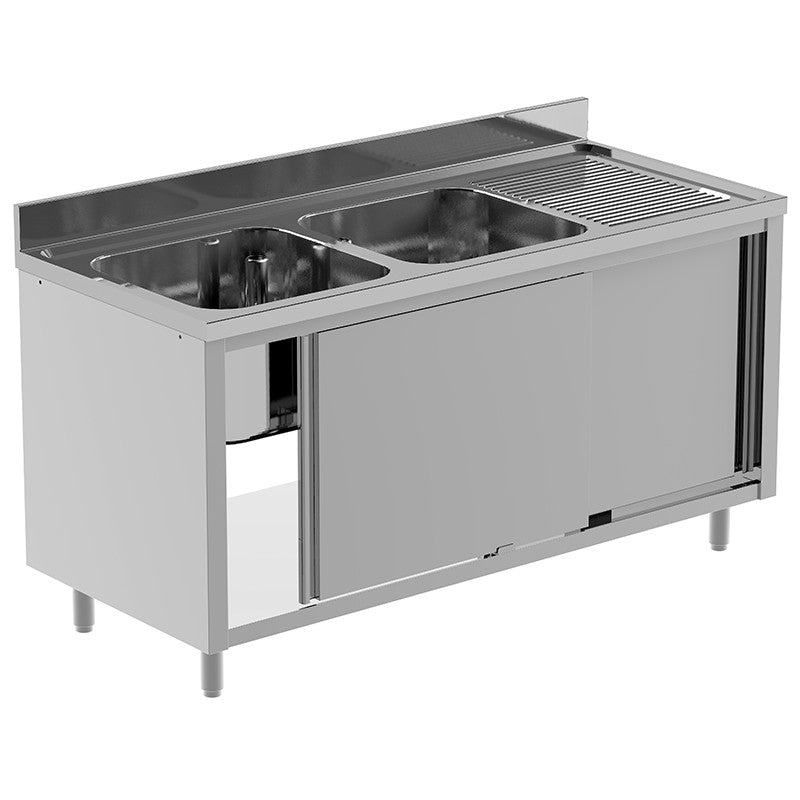 Plonge inox 2 bacs - Egouttoir à droite - P 700 x L 2000 mm - Placard fermé - Nosem