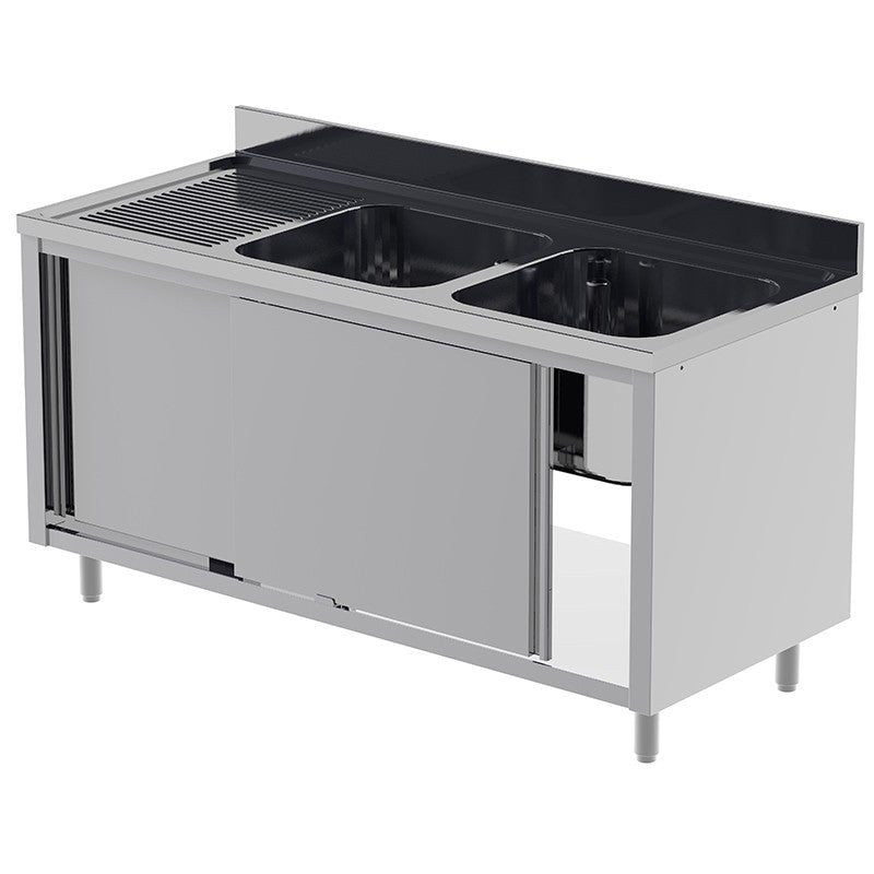 Plonge inox 2 bacs - Egouttoir à gauche - P 700 x L 1600 mm - Placard fermé - Nosem