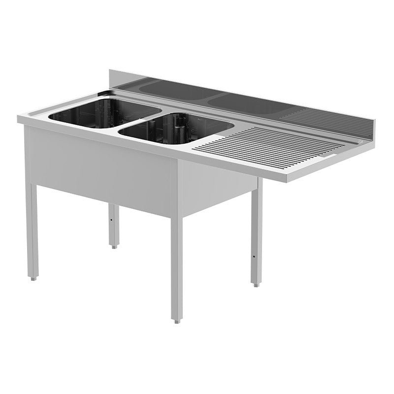 Plonge inox pour lave-vaisselle - 2 bacs - Egouttoir à droite - P 700 x L 1600 mm - Sans étagère basse - Nosem