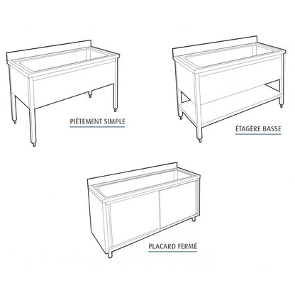 Plonge pâtissière inox - 1 bac - Profondeur 700 mm - Longueur 1400 mm - Sans étagère - Nosem
