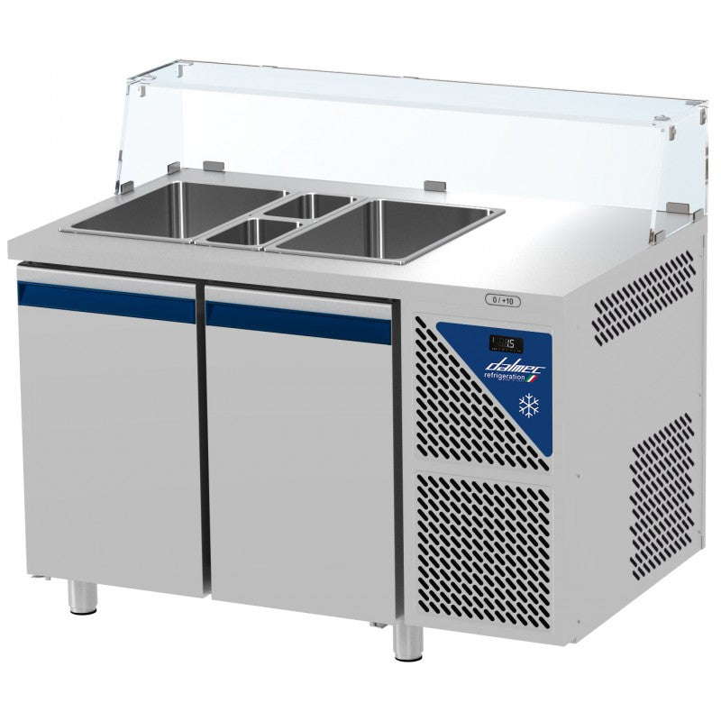 Saladette positive - 2 GN 1/1 + 2 GN 1/4 - 300 L - 2 portes pleines - Prof. 700 - Avec vitrine basse - Dalmec