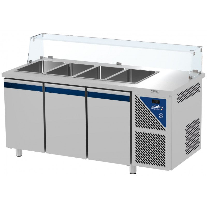 Saladette positive +4/+10°C - 4 GN 1/1 - 460 L - 3 portes pleines - Prof. 700 - Avec vitrine basse - Dalmec