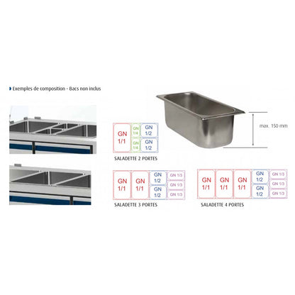 Saladette positive +4/+10°C - 4 GN 1/1 - 460 L - 3 portes pleines - Prof. 700 - Avec vitrine basse - Dalmec