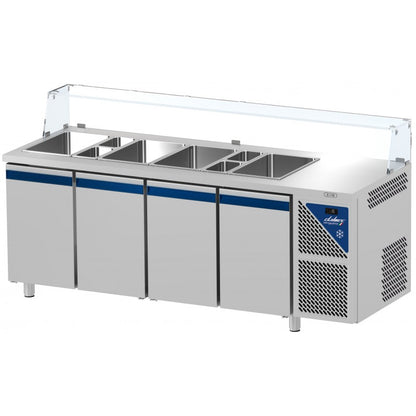 Saladette positive +4/+10°C - 5 GN 1/1 - 630 L - 4 portes pleines - Prof. 700 - Avec vitrine basse - Dalmec