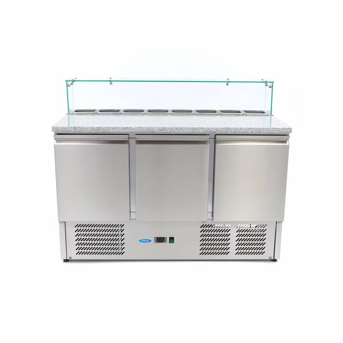 Table positive pour la préparation des pizzas - 137 cm - 3 portes - s'adapte à 8 x 1/6 GN - incl couvercle en verre