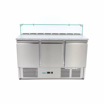 Table positive pour la préparation des pizzas - 137 cm - 3 portes - s'adapte à 8 x 1/6 GN - incl couvercle en verre