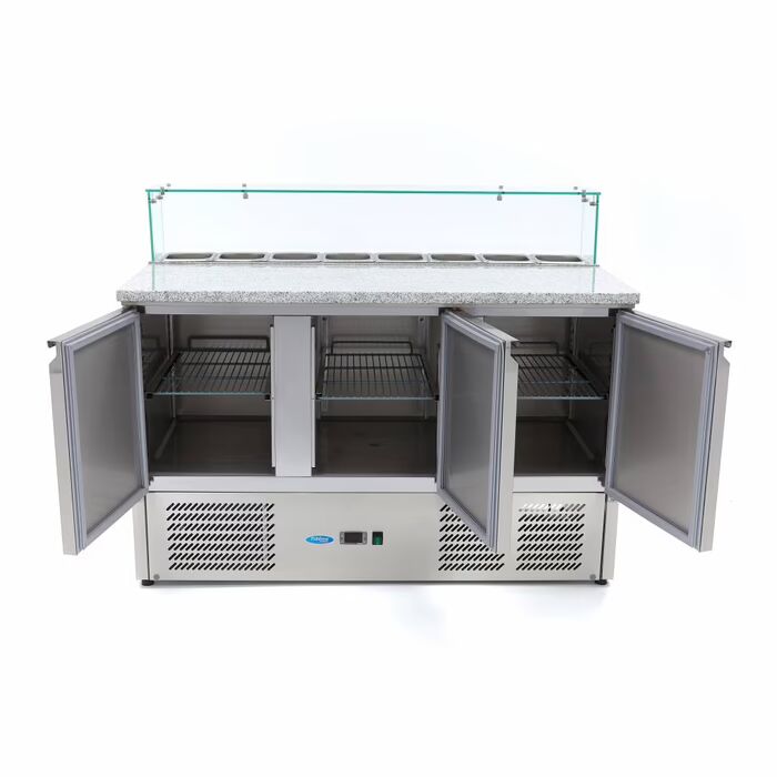 Table positive pour la préparation des pizzas - 137 cm - 3 portes - s'adapte à 8 x 1/6 GN - incl couvercle en verre