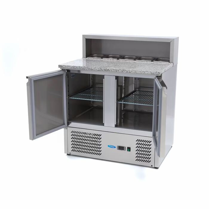 Table positive pour la préparation des pizzas - 90 cm - 2 portes - s'adapte à 5 x 1/6 GN - incl couvercle en acier inoxydable