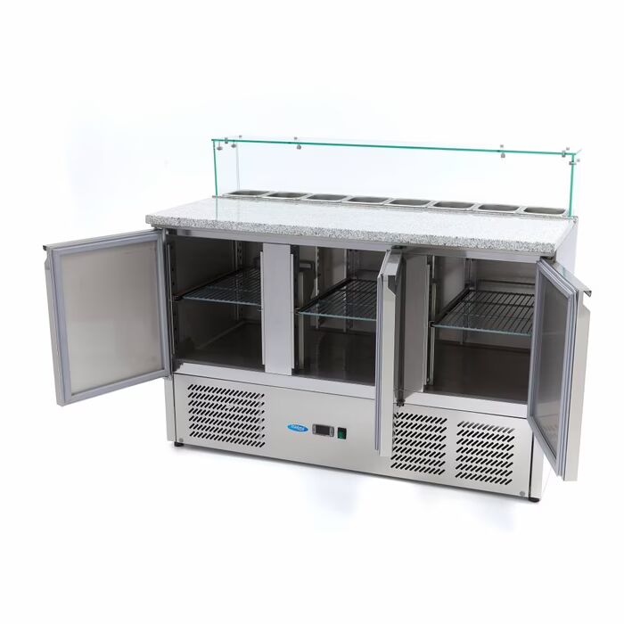 Table positive pour la préparation des pizzas - 137 cm - 3 portes - s'adapte à 8 x 1/6 GN - incl couvercle en verre