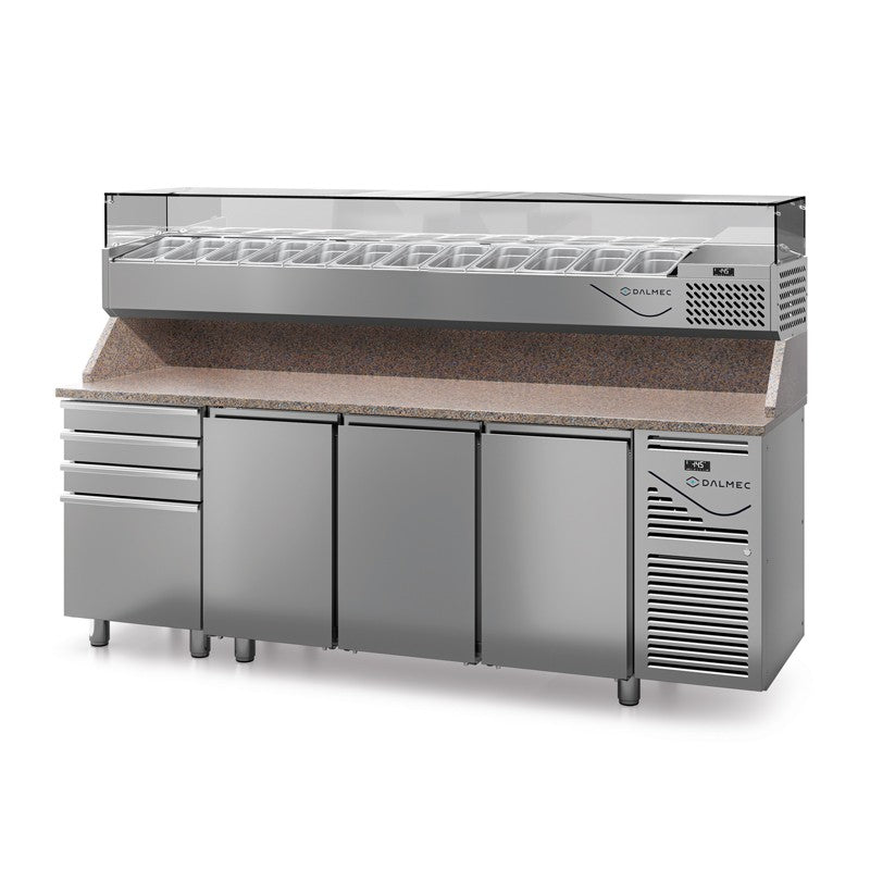 Table à pizza prof. 700 - GN 1/1 avec vitrinette 11 x GN 1/4 - 3 portes + 4 tiroirs neutres à patons - Dalmec