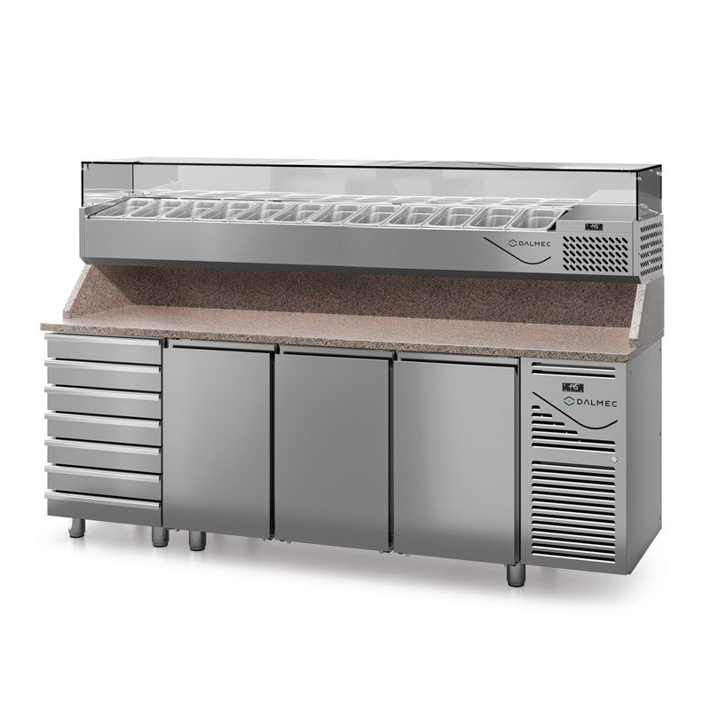 Table à pizza prof. 700 - GN 1/1 avec vitrinette 11 x GN 1/4 - 3 portes + 7 tiroirs neutres à patons - Dalmec
