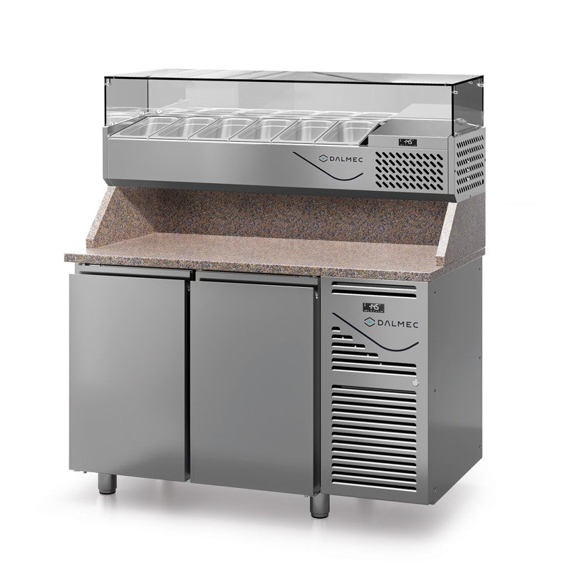 Table à pizza prof. 700 - GN 1/1 avec vitrinette 5 x GN 1/4 - 2 portes - Dalmec