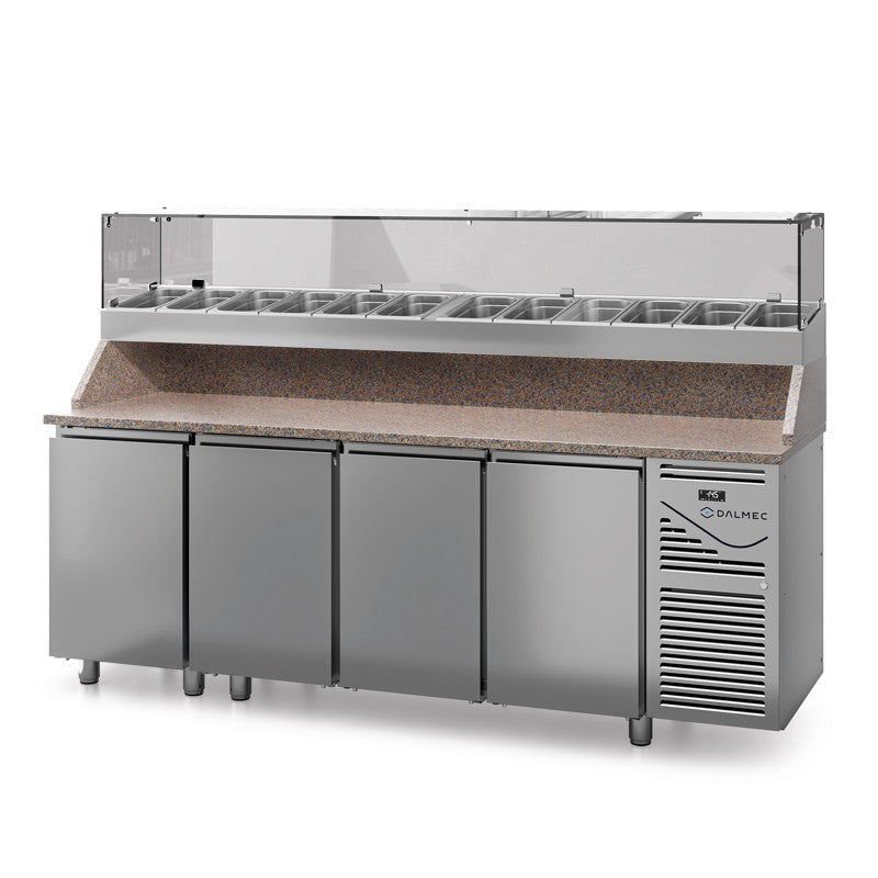 Table à pizza prof. 800 - 600 x 400 avec vitrinette 12 x GN 1/3 - 4 portes - Dalmec