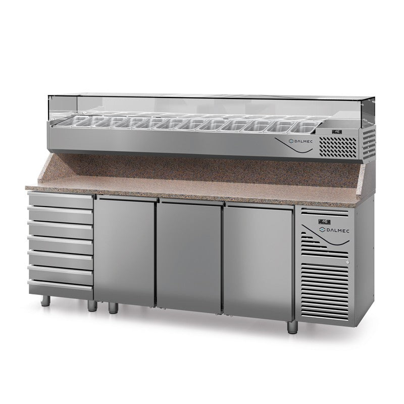Table à pizza prof. 800 - 600 x 400 avec vitrinette 12 x GN 1/4 - 3 portes + 7 tiroirs neutres à patons - Dalmec