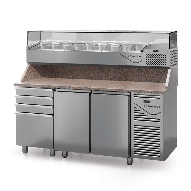 Table à pizza prof. 800 - 600 x 400 avec vitrinette 9 x GN 1/4 - 2 portes + 4 tiroirs neutres à patons - Dalmec