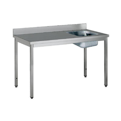 Table adossée inox avec bac profondeur 700 mm - Bac à droite - Longueur 1200 mm - Nosem
