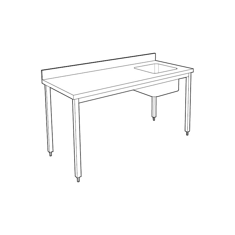 Table adossée inox avec bac profondeur 700 mm - Bac à droite - Longueur 1200 mm - Nosem