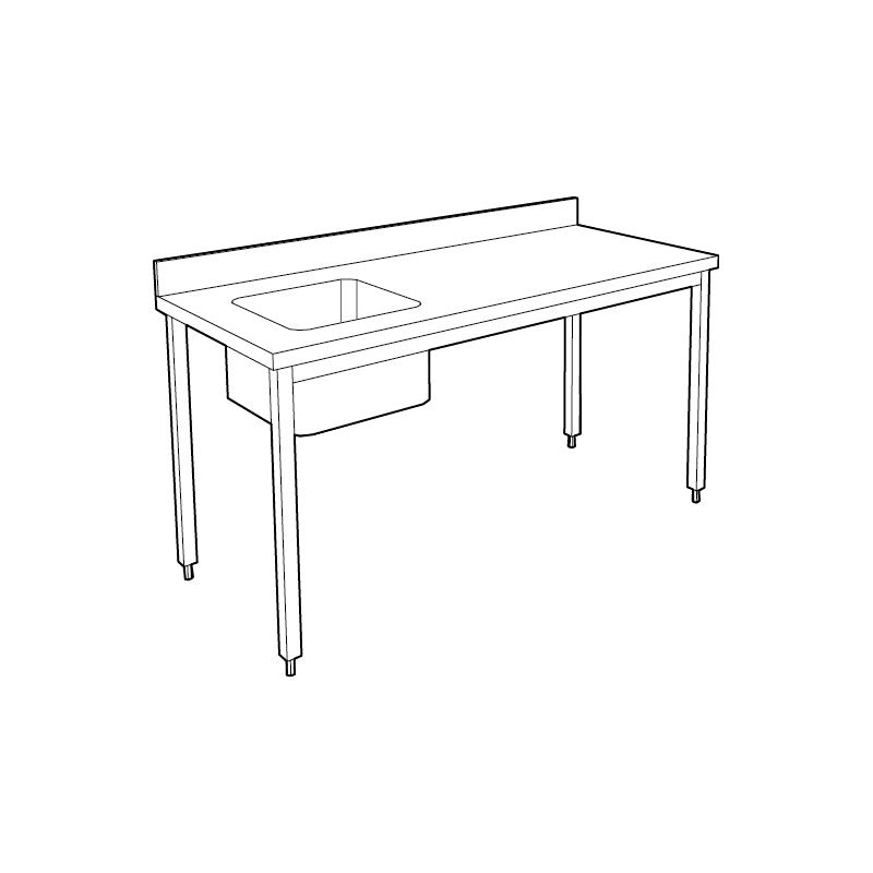 Table adossée inox avec bac profondeur 700 mm - Bac à gauche - Longueur 1600 mm - Nosem