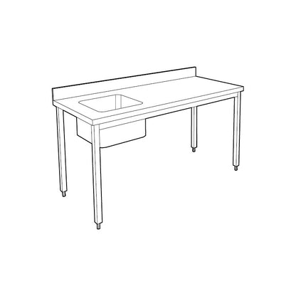 Table adossée inox avec bac profondeur 700 mm - Bac à gauche - Longueur 1600 mm - Nosem