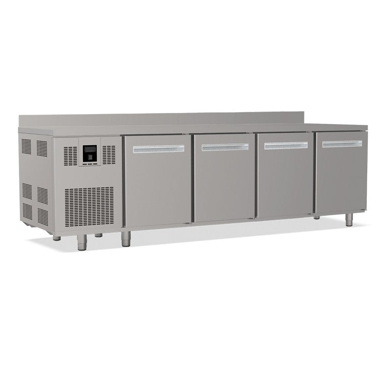 Tables réfrigérées pâtissières positives - Dessus inox - Avec dosseret - Avec groupe logé - Prof. 810 mm - 4 portes