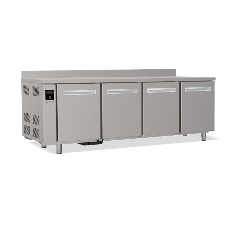 Tables réfrigérées pâtissières positives - Dessus inox - Avec dosseret - Sans groupe logé - Prof. 810 mm - 4 portes