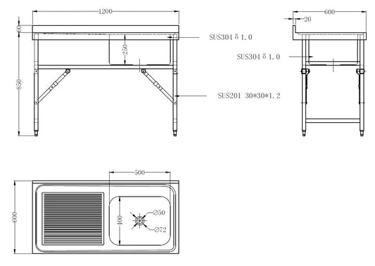 600 Bloc-Évier Étagère Pliante 1200 1R - Combisteel 7490.0275