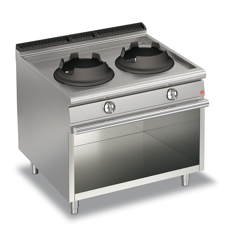 Wok 2 feux gaz sur placard ouvert - Gamme QUEEN 700 - Puissance totale absorbée 2 x 10 - Baron
